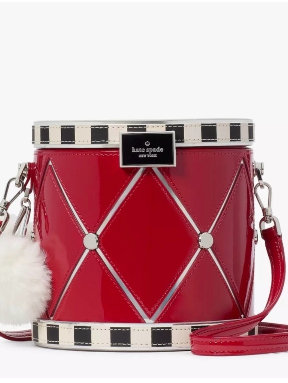 kate spade Red Patent Quilted Drum Crossbody with Black & White Trim